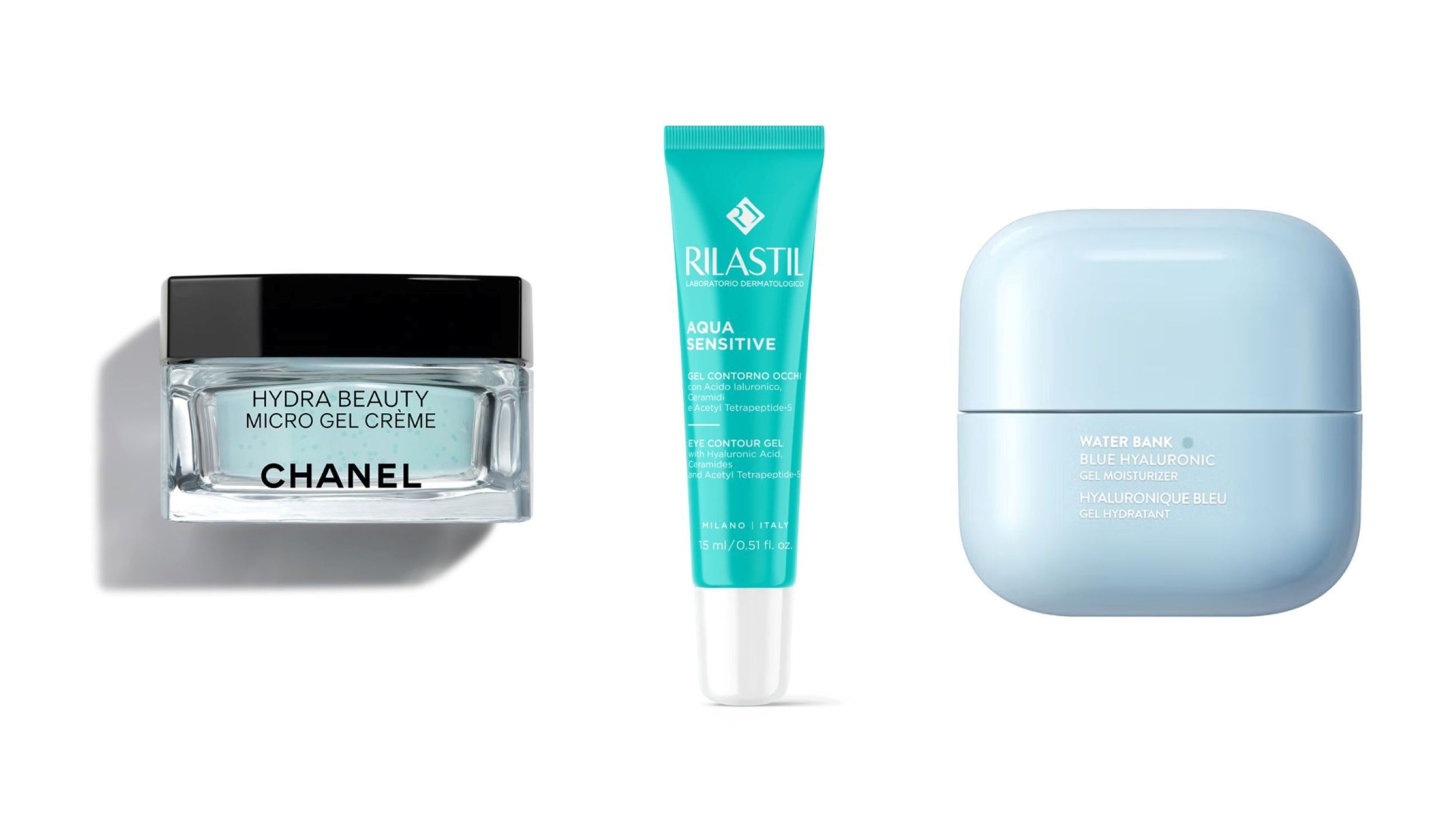 Chanel, Hydra Beauty Micro Gel Crème; Rilastil, AquaSensitive Gel Contorno Occhi; Laneige, Water Bank Gel Moisturizer - Credits: Courtesy Press Office