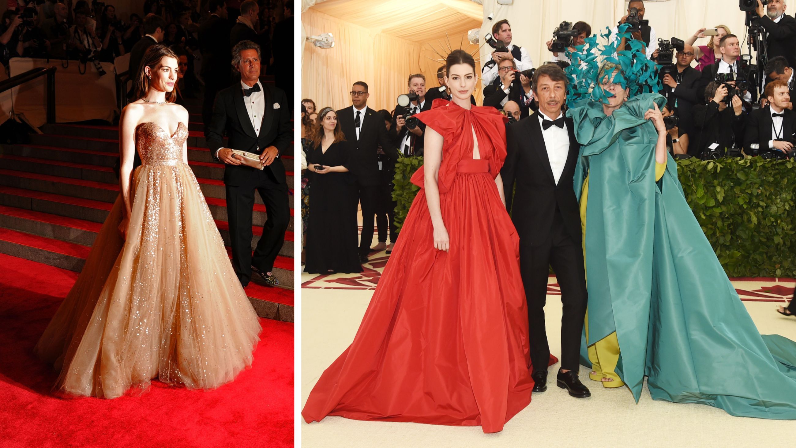 Da sinistra: L'attrice Anne Hathaway partecipa al gala di beneficenza del Costume Institute per celebrare l'inaugurazione della mostra “American Woman: Fashioning a National Identity” al Metropolitan Museum of Art il 3 maggio 2010 a New York; (Da sinistra a destra) Anne Hathaway, Pierpaolo Piccioli e Frances McDormand partecipano al Gala Heavenly Bodies: Fashion & The Catholic Imagination del Costume Institute al Metropolitan Museum of Art il 7 maggio 2018 a New York City - Credits Getty Images