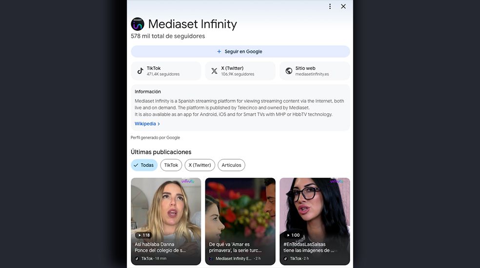 El perfil de Google Discover de Mediaset Infinity