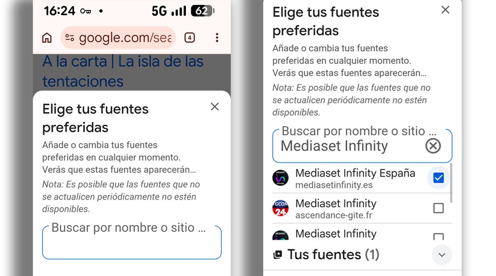 Marca 'Mediaset Infinity' como una de tus fuentes preferidas de Google