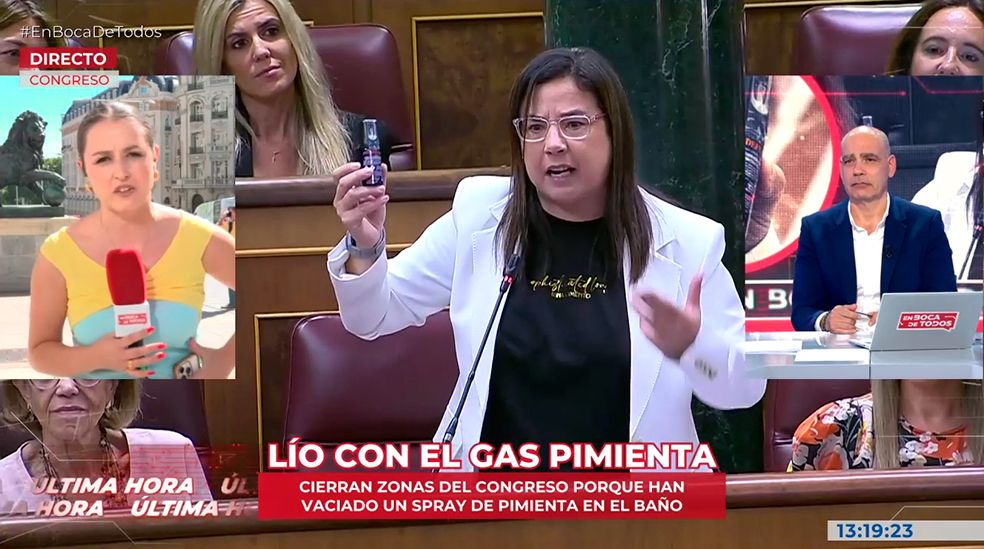 La diputada Ana Vázquez muestra un bote de gas pimienta en el Congreso de los Diputados.