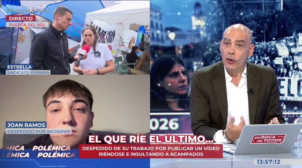 Estrella, del Sindicato de Vivienda, y Joan Ramos, el joven despedido por increpar a los manifestantes en Sol, se enfrentan