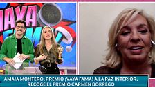 Carmen Borrego se anima a cantar por 'La oreja de Van Gogh' al recoger el premio de '¡Vaya Fama!' para Amaia Montero: "Yo no tengo voz"