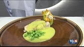 Cernia con fiore di zucca e piselli