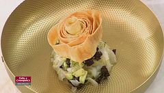 Tagliolini al nero di seppia, gamberi e asparagi e Insalata di seppia, patate e prugne della California