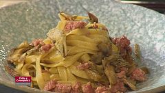 Asparagi brasati con crema inglese e Tagliolini carciofi, salsiccia e parmigiano