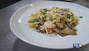 Tagliatelle con funghi porcini, gamberoni e pecorino