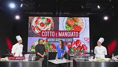 Seppiolina scottata su vellutata di fave e Spaghetti in salsa di cavolo viola al profumo di limone