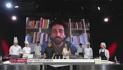 Risotto al porto e fonduta, Spigola in salsa di zucchine e menta e Capasanta affumicata