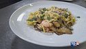 Tagliatelle con porcini, gamberoni e pecorino