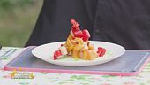 Spiedini di tofu e peperoni su crema di piselli