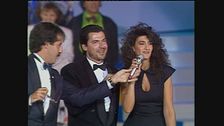 Il trio Solenghi Marchesini Lopez sul palco dei Telegatti 1987